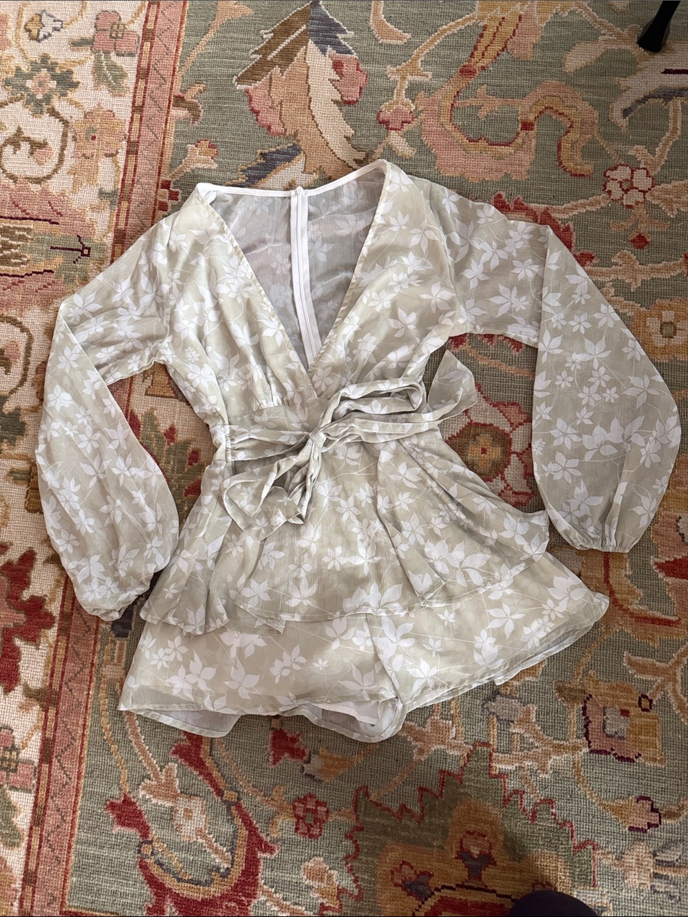 Sage Floral Wrap Romper with Self-Tie Waist